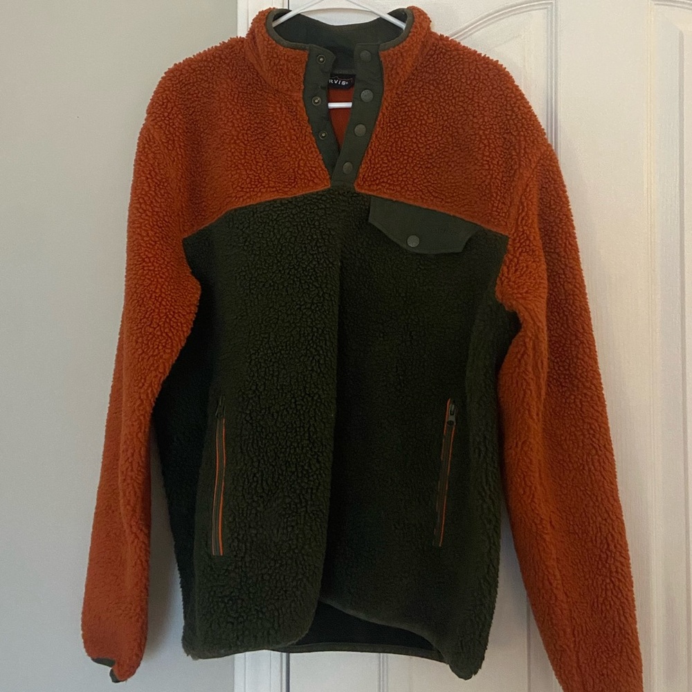 Orvis Mens Orange and Green Fleece Pullover Size Medium